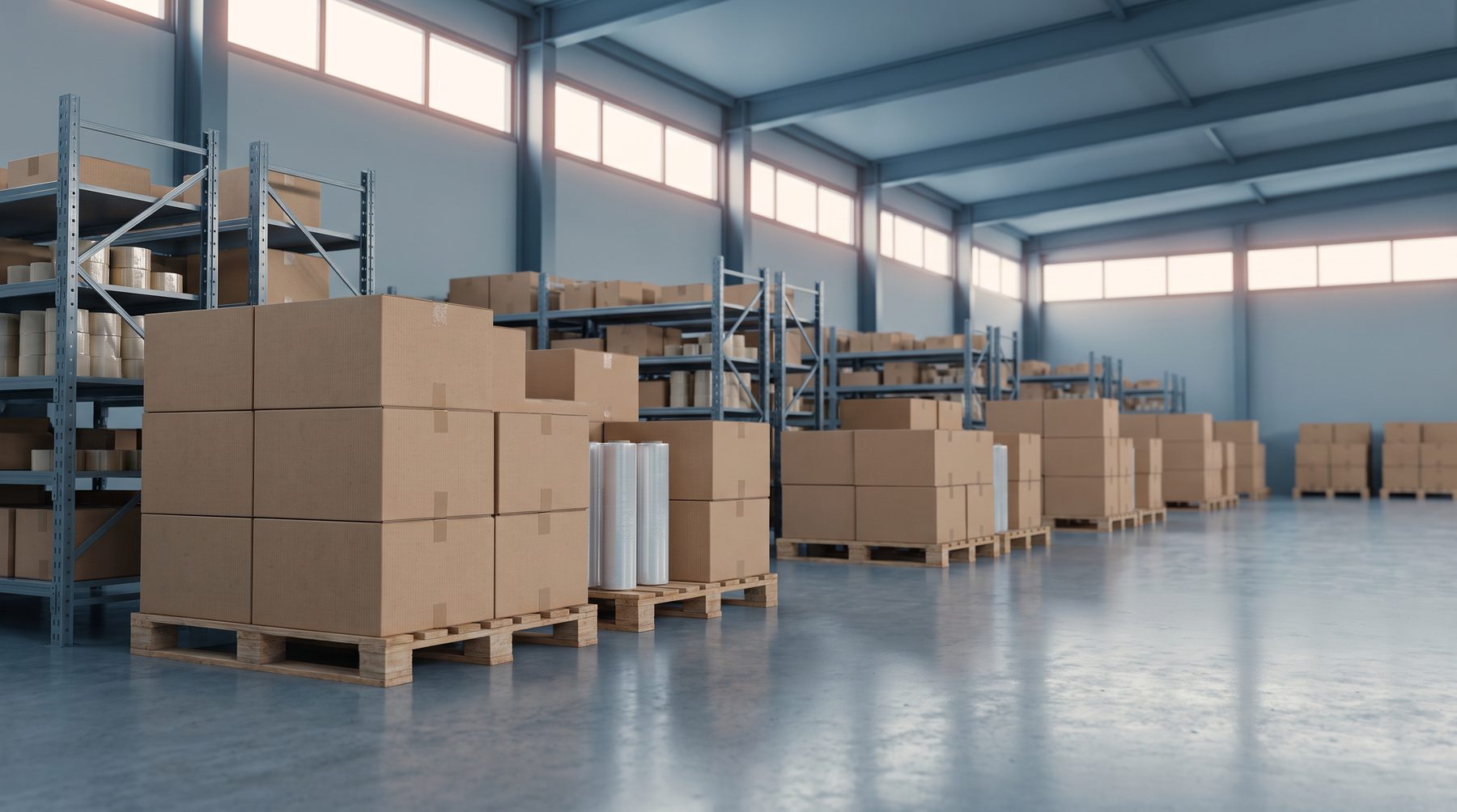 Corrugated shipping boxes, stretch film and tape stacked on pallets in a distribution warehouse