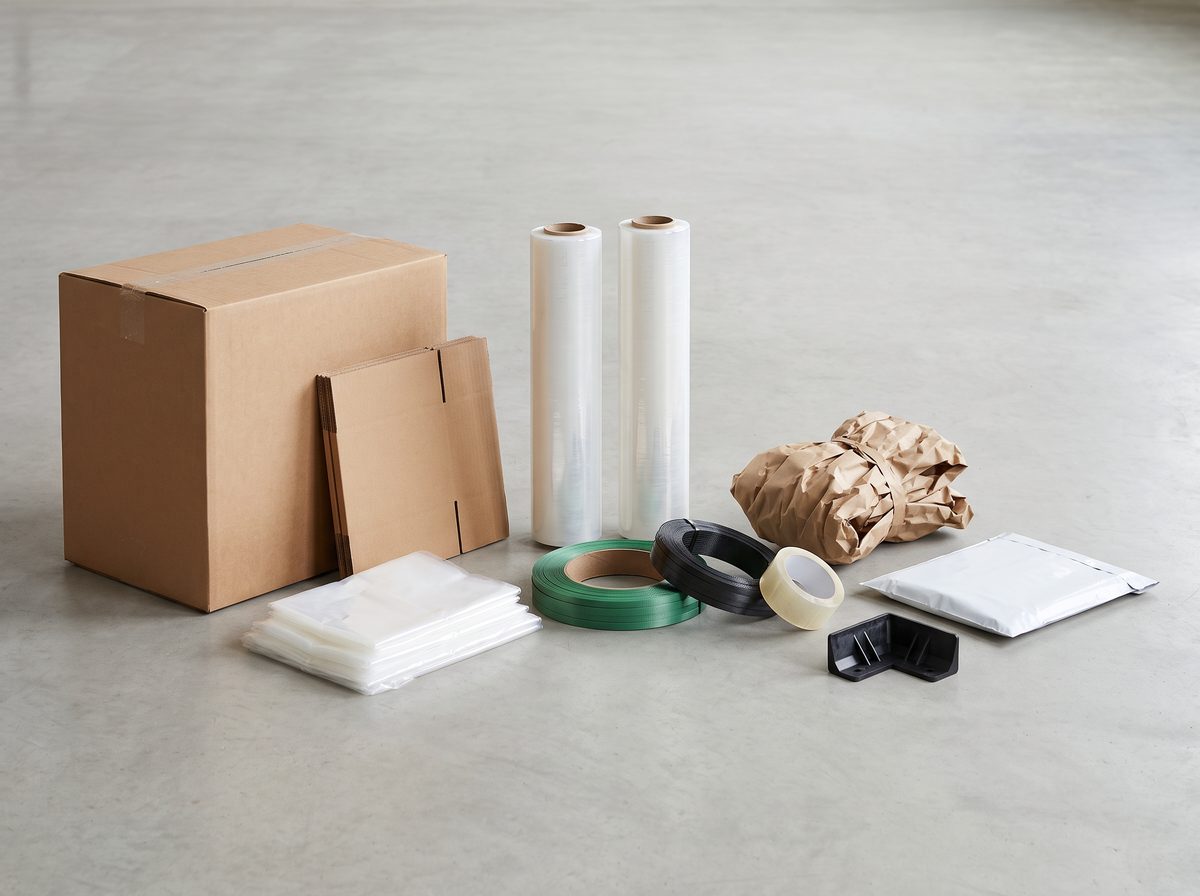 Assortment of packaging supplies: large corrugated box, folded cartons, rolls of stretch wrap, PET and polypropylene strapping coils, poly bags, packing tape, kraft paper, poly mailer and a pallet corner protector